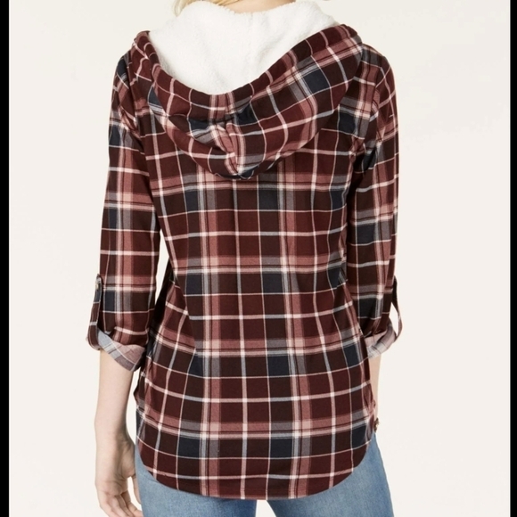 Twilight Vibes Plaid Button Up Grunge  Hoodie Roll Tab sleeve top NWT sz XS - Picture 9 of 11